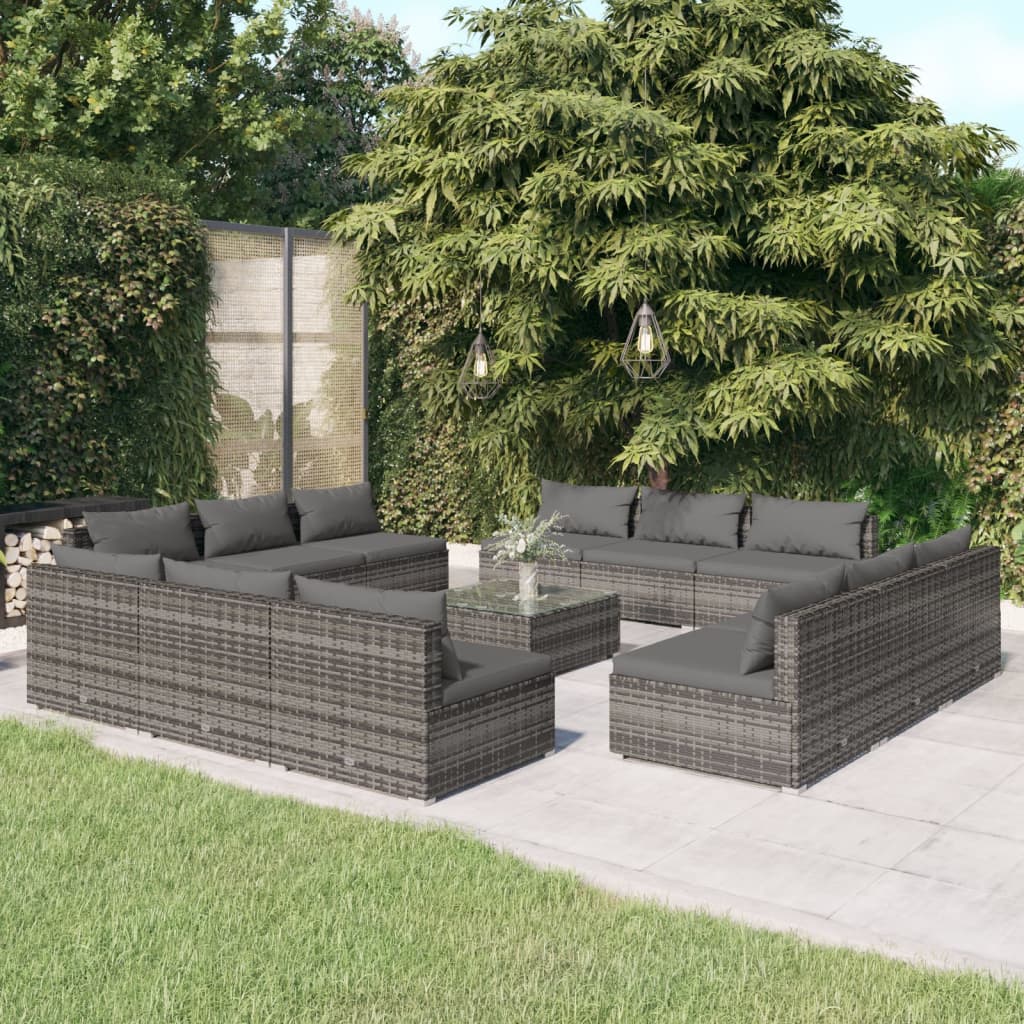 vidaXL 13 pcs conjunto lounge de jardim c/ almofadões vime PE cinzento