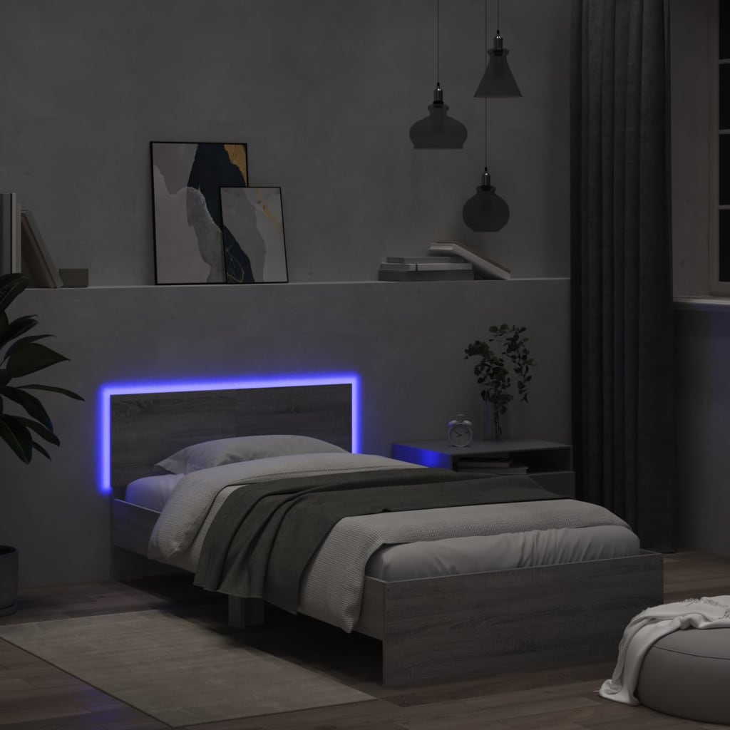 vidaXL Estrutura de cama c/ cabeceira/luzes LED 100x200cm cinza sonoma