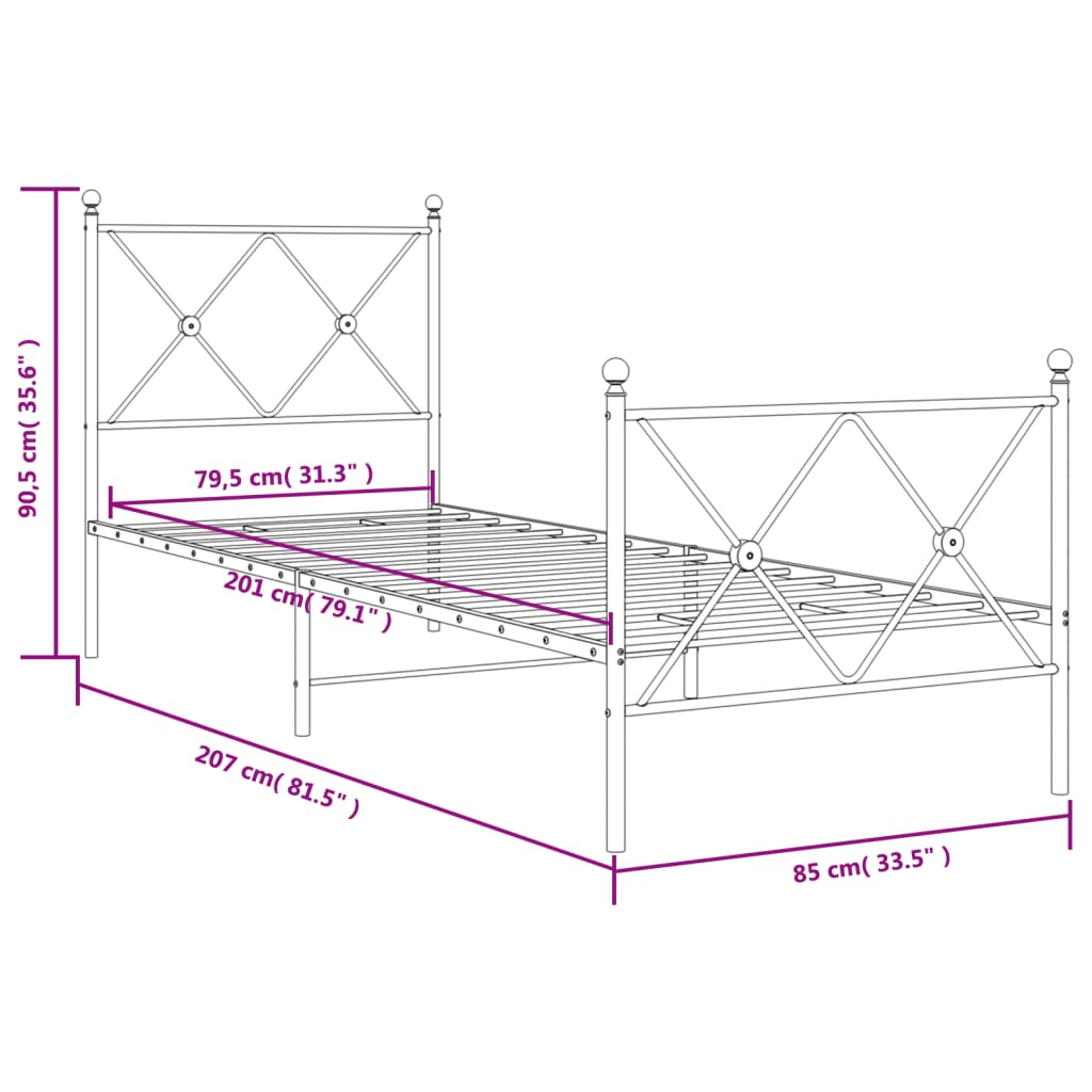 vidaXL Estrutura de cama com cabeceira e pés 80x200 cm metal branco