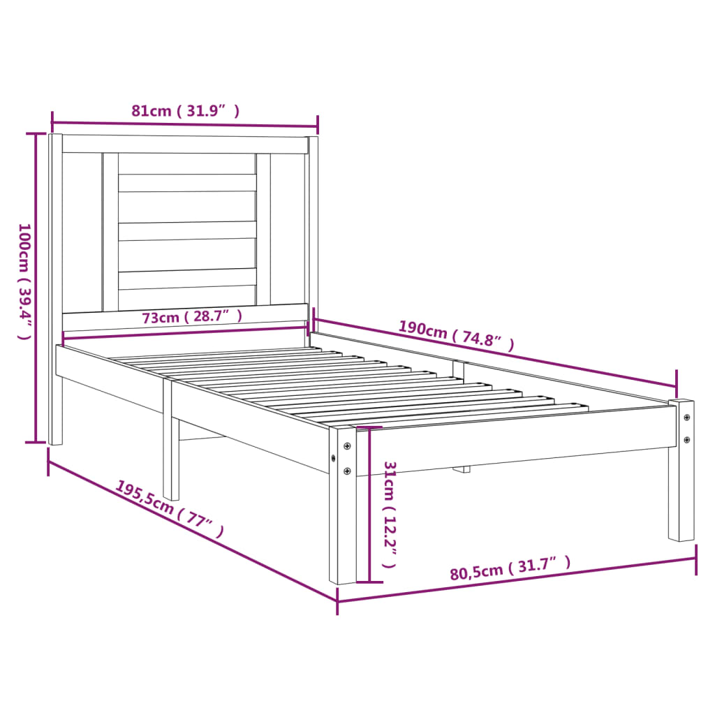 vidaXL Estrutura cama pequena solteiro 75x190 cm madeira maciça branco