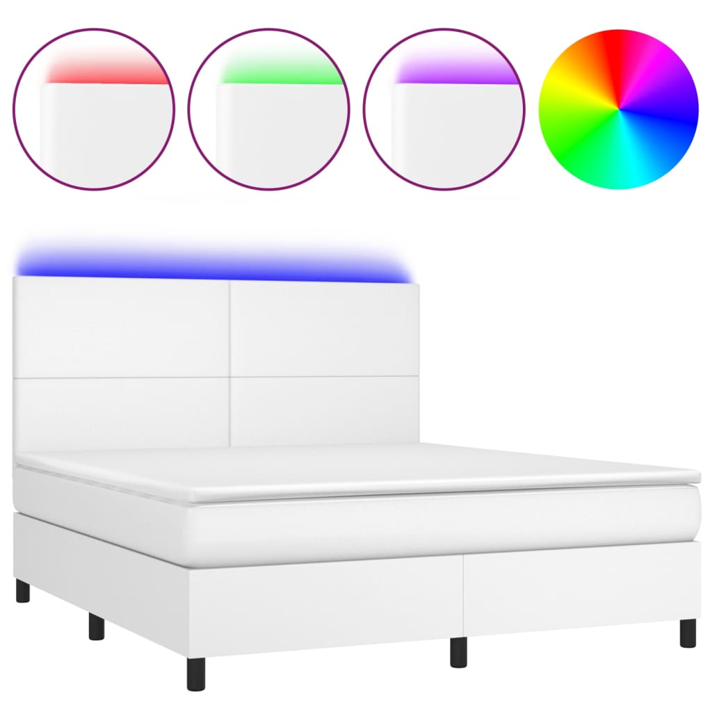 vidaXL Cama box spring c/colchão/LED 180x200cm couro artificial branco