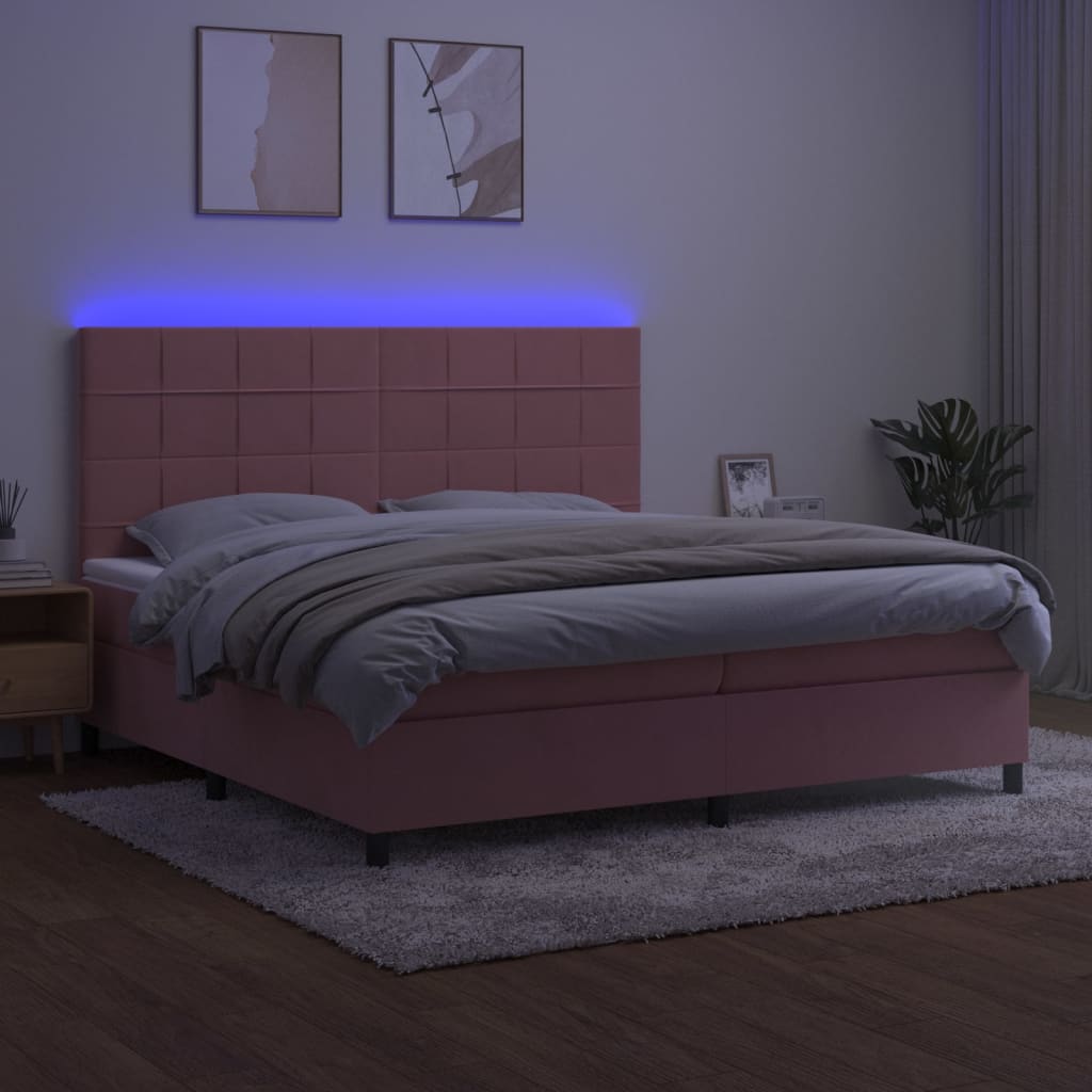 vidaXL Cama box spring c/ colchão/LED 200x200 cm veludo rosa