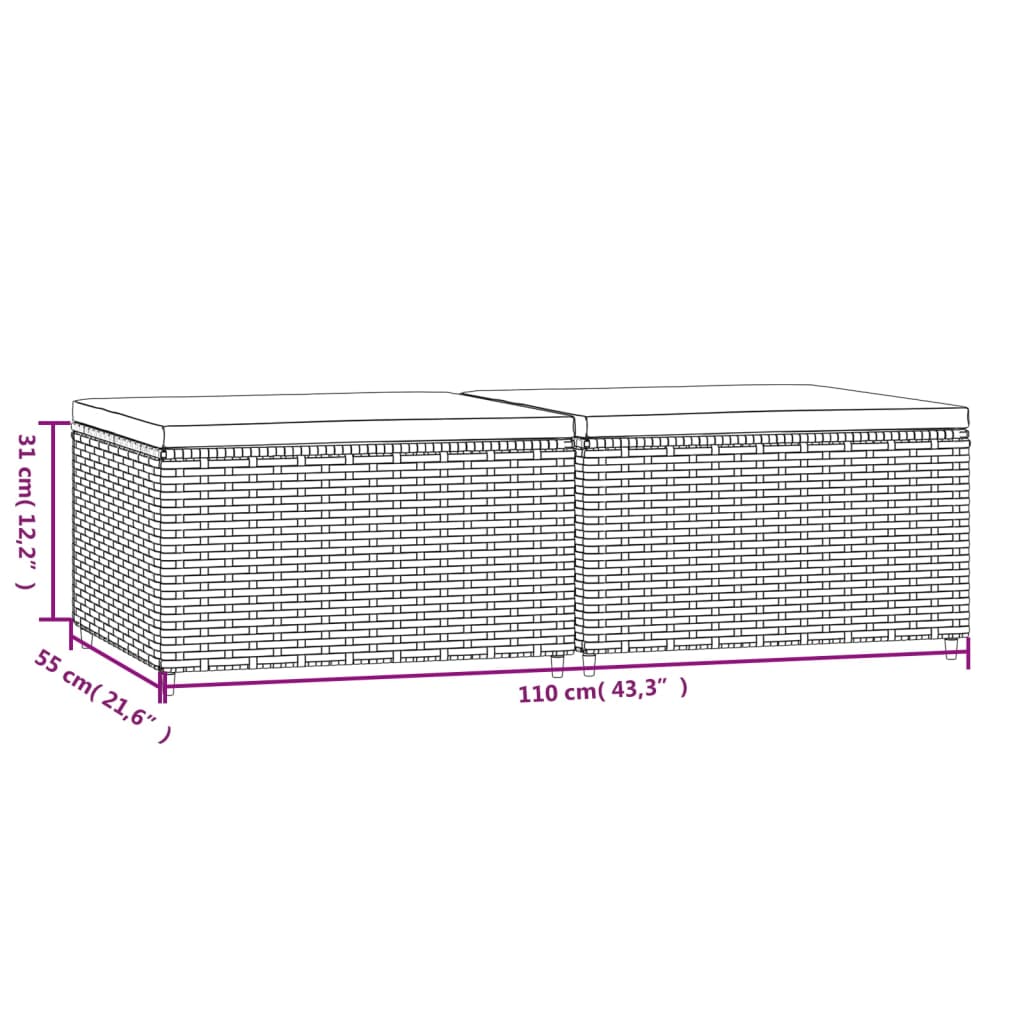 vidaXL Apoios de pés para jardim com almofadões 2 pcs vime PE castanho