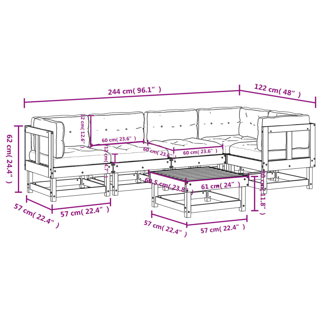 vidaXL 6 pcs conjunto lounge jardim c/ almofadões madeira maciça