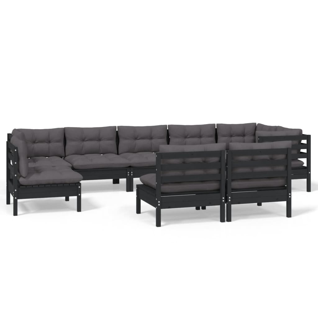 vidaXL 9 pcs conjunto lounge jardim c/ almofadões pinho maciço preto