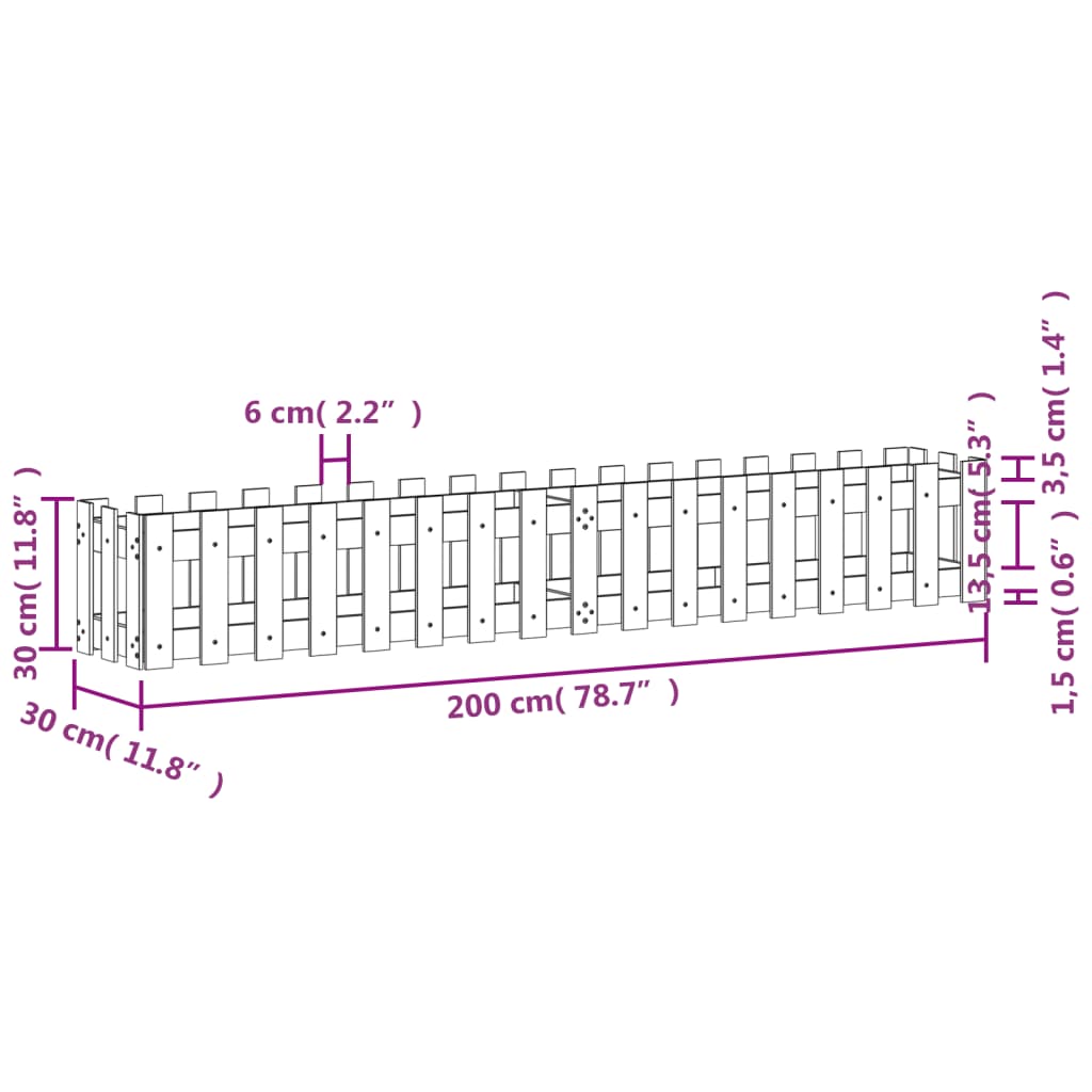 vidaXL Canteiro elevado c/design cerca 200x30x30cm pinho maciço branco