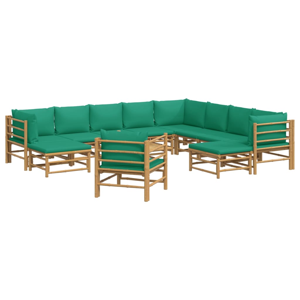 vidaXL 12 pcs conjunto lounge de jardim bambu c/ almofadões verdes