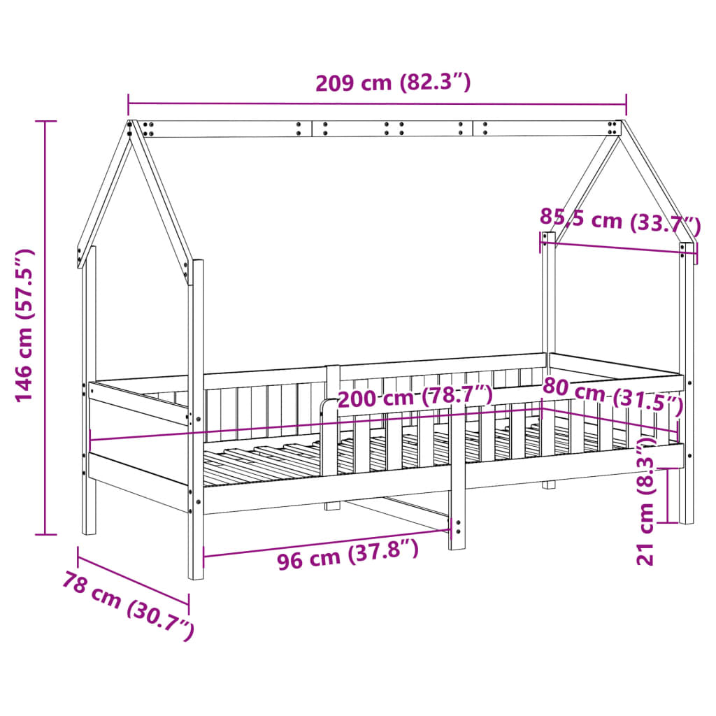 vidaXL Cama infantil formato casa 80x200 cm pinho maciço branco