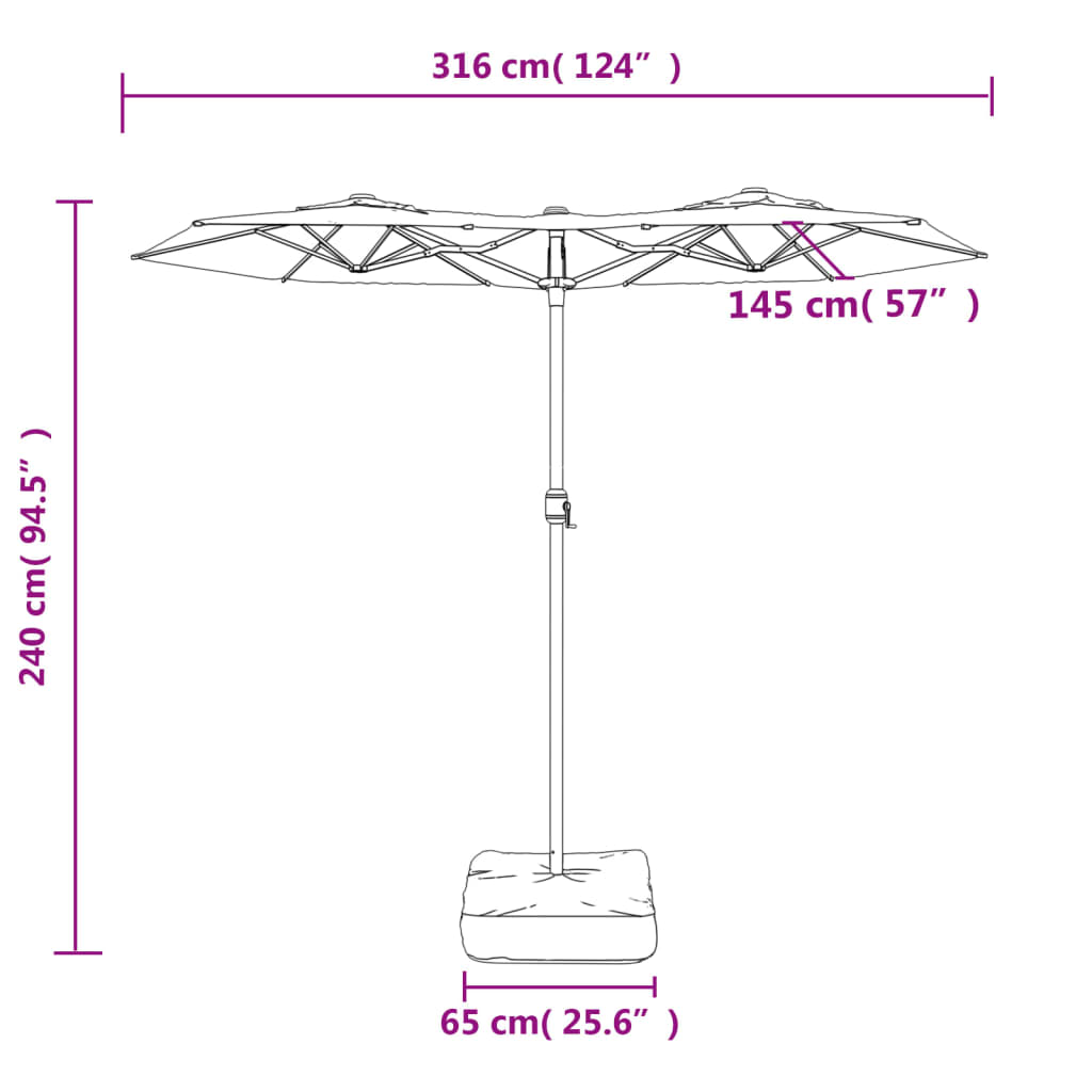 vidaXL Guarda-sol de jardim c/ cabeça dupla/LED 316x240 cm azul-ciano