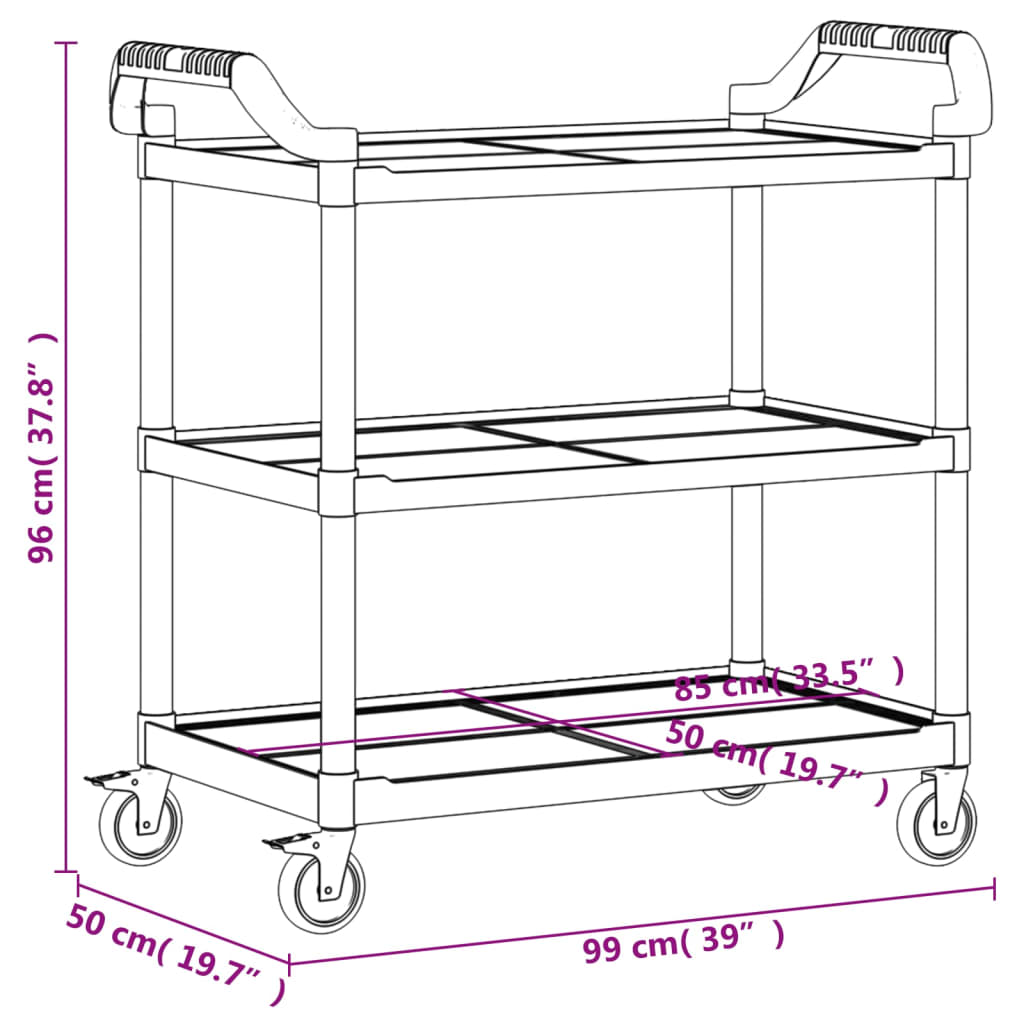 vidaXL Carrinho c/ 3 prateleiras 99x50x96 cm alumínio cinzento