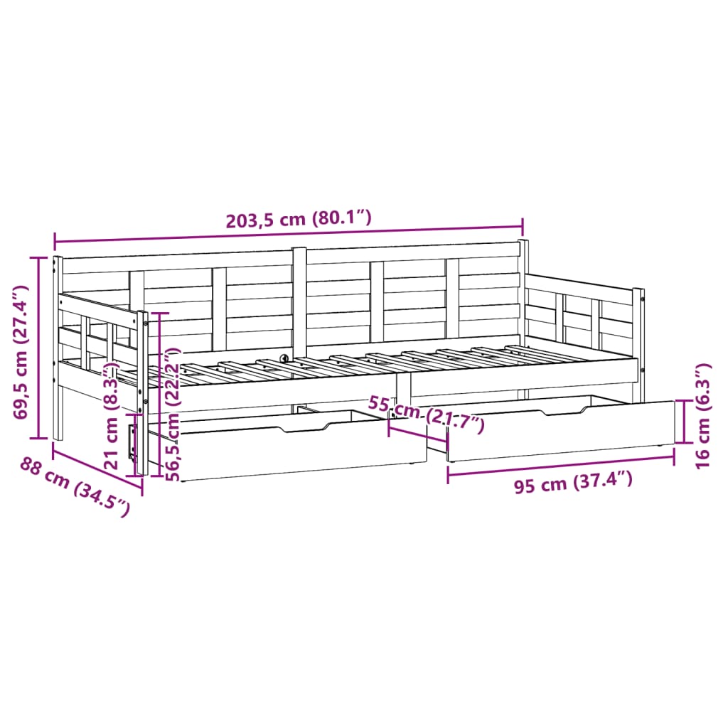 vidaXL Sofá-cama com gavetas 80x200 cm madeira de pinho maciça