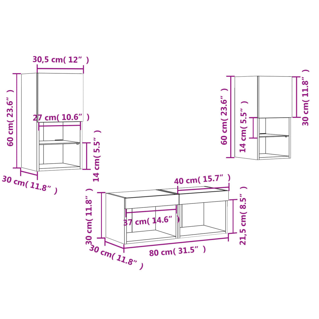 vidaXL 4 pcs móveis de parede para TV com luzes LED branco