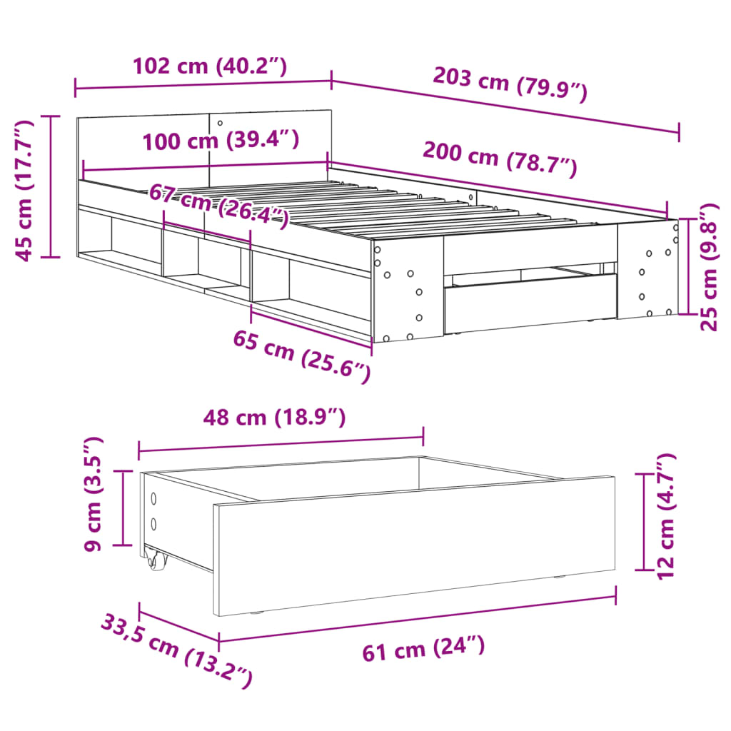 vidaXL Estrutura de cama c/ gaveta derivados madeira cinzento sonoma