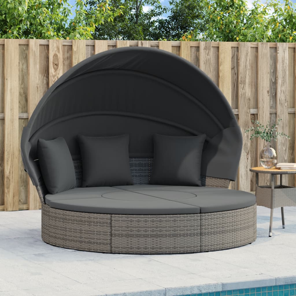 vidaXL Cama lounge de exterior c/ toldo e almofadões vime PE cinzento