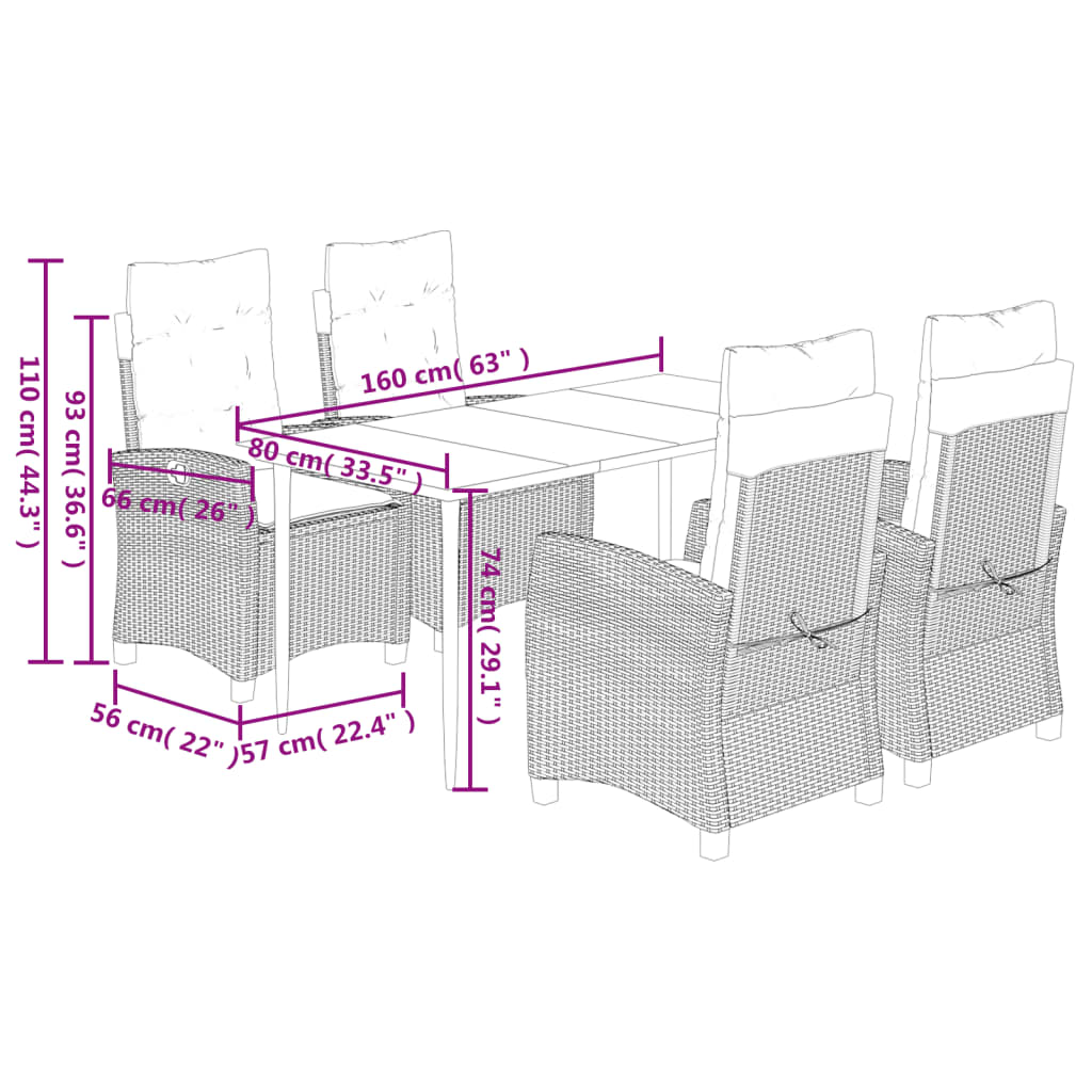 vidaXL 5 pcs conjunto jantar p/ jardim c/ almofadões vime PE castanho