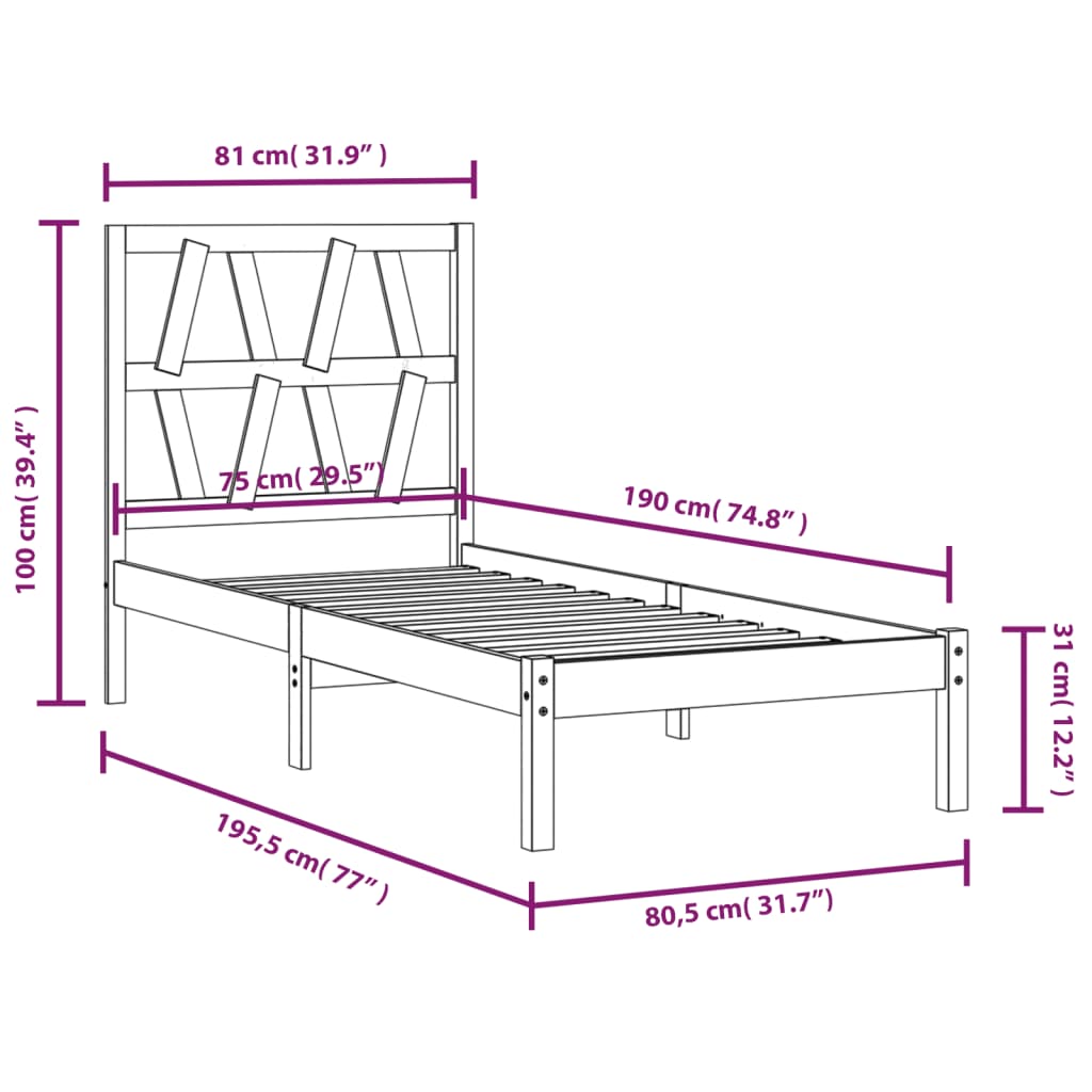 vidaXL Estrutura de cama pequena solteiro 2FT6 75x190 cm pinho maciço