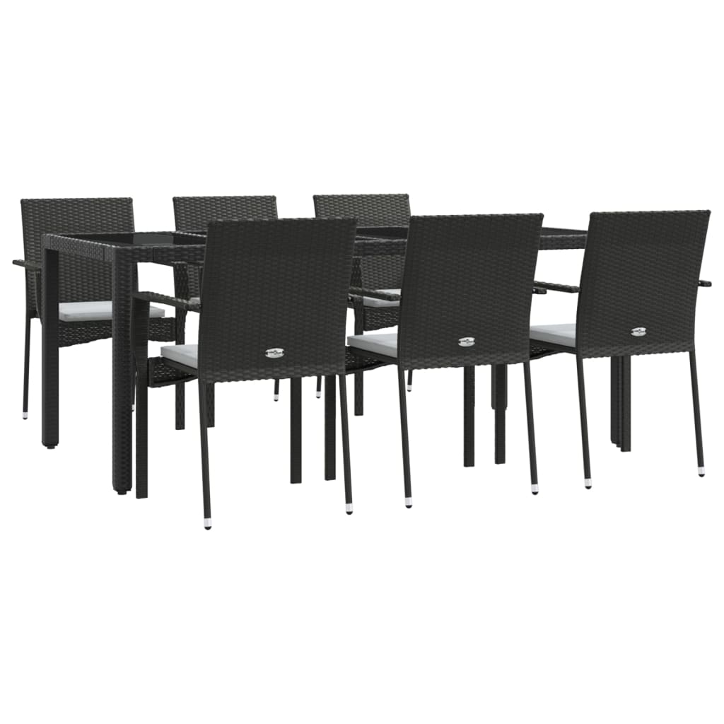 vidaXL 7 pcs conjunto de jantar p/ jardim c/ almofadões vime PE preto