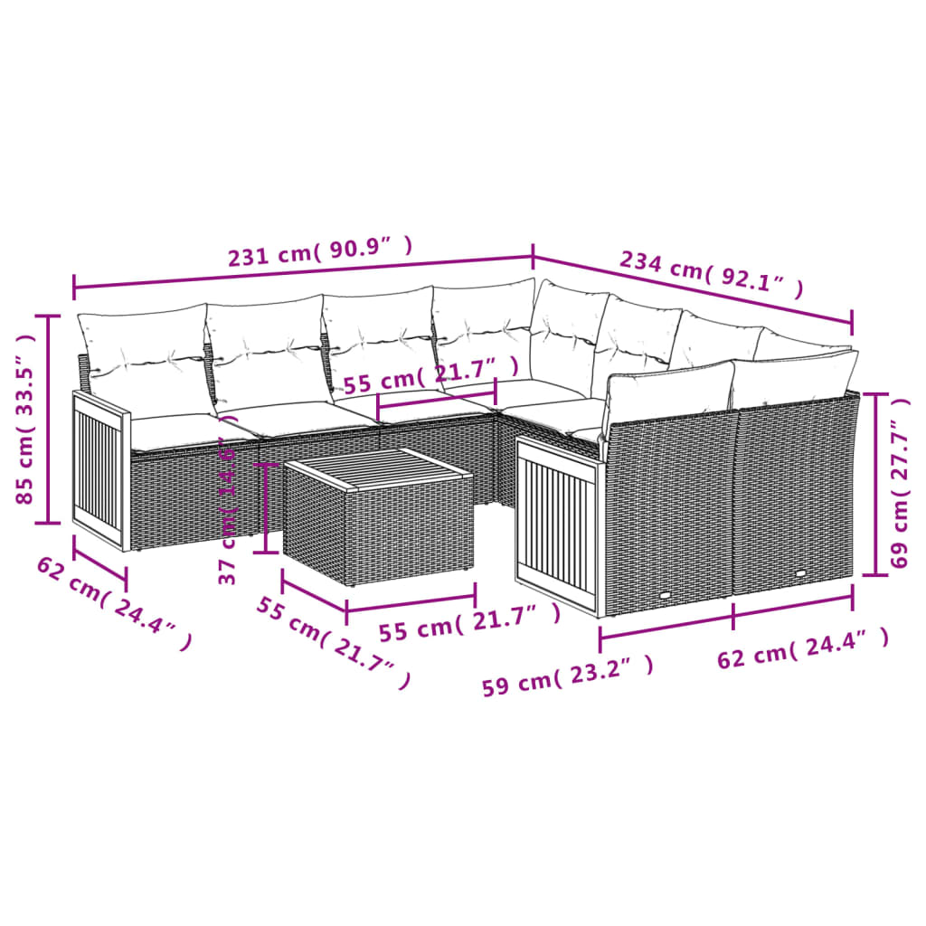 vidaXL 9 pcs conjunto de sofás p/ jardim com almofadões vime PE bege