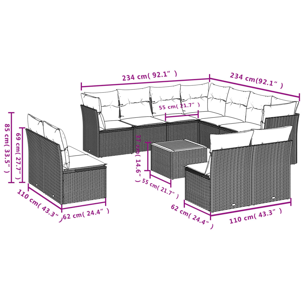 vidaXL 12 pcs conjunto de sofás de jardim c/ almofadões vime PE preto