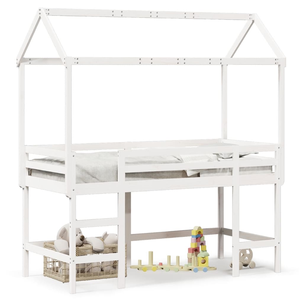 vidaXL Cama alta c/ escada e telhado 80x200 cm pinho maciço branco