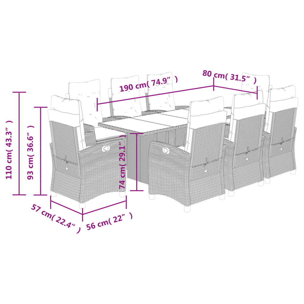 vidaXL 9 pcs conjunto de jantar p/ jardim com almofadões vime PE bege