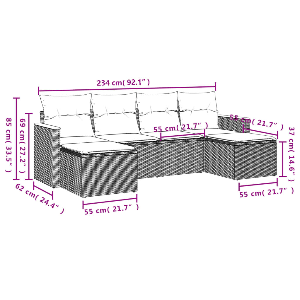 vidaXL 6 pcs conjunto de sofás p/ jardim com almofadões vime PE bege