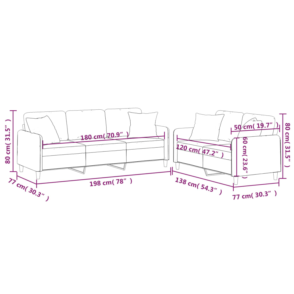 vidaXL 2 pcs conjunto de sofás com almofadas tecido vermelho-tinto