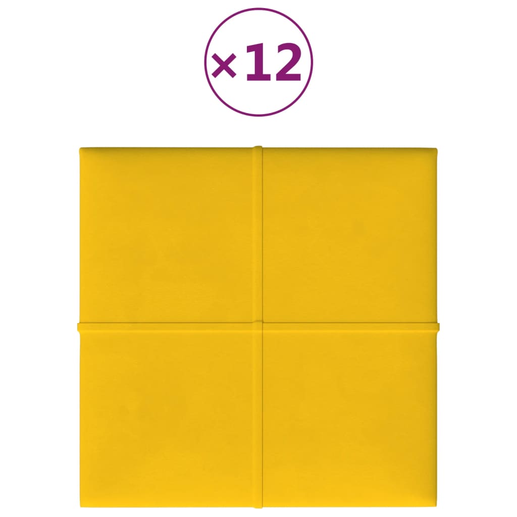 vidaXL Painel de parede 12 pcs 30x30 cm veludo 1,08 m² amarelo