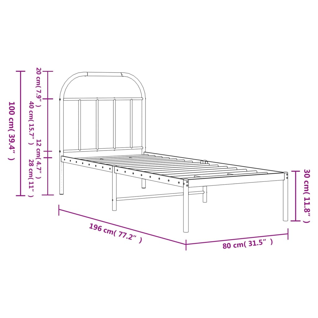 vidaXL Estrutura de cama metal s/ colchão c/ cabeceira 75x190 cm preto