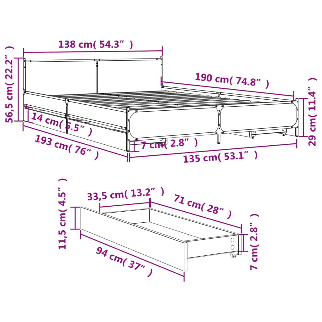 vidaXL Estrutura de cama c/ gavetas 135x190 cm derivados madeira preto