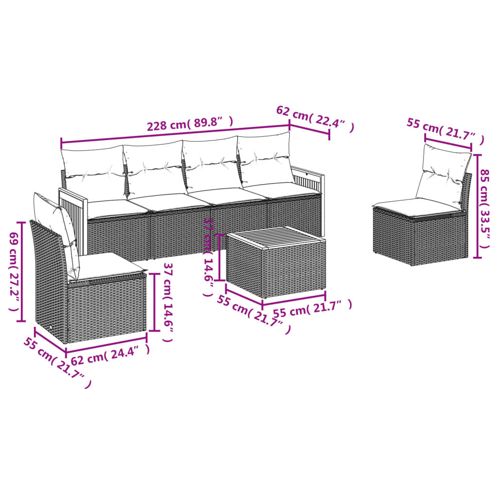 vidaXL 7 pcs conjunto de sofás p/ jardim com almofadões vime PE bege