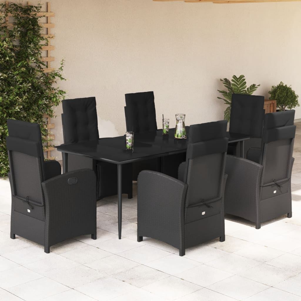 vidaXL 7 pcs conjunto de jantar p/ jardim c/ almofadões vime PE preto