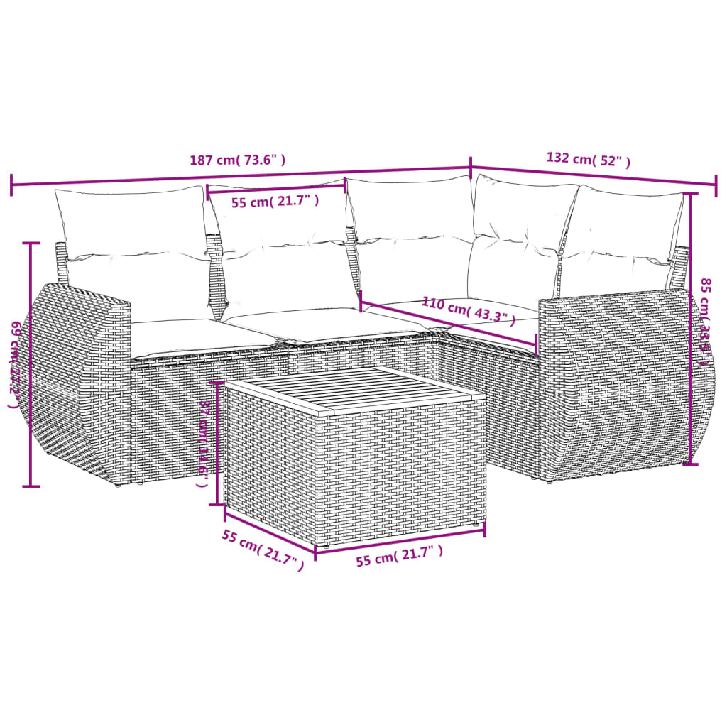 vidaXL 5 pcs conjunto sofás de jardim c/ almofadões vime PE cinzento