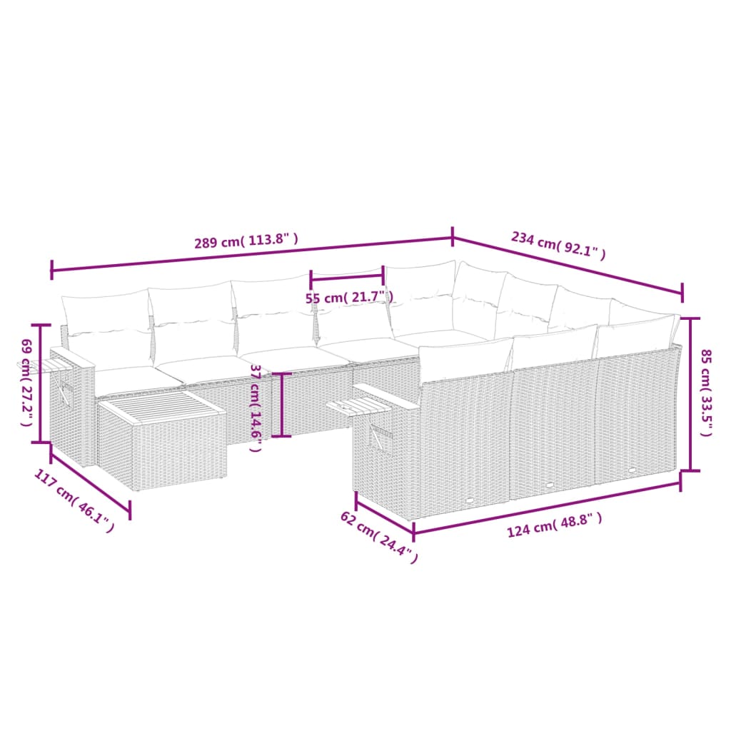 vidaXL 11 pcs conjunto sofás de jardim c/ almofadões vime PE preto