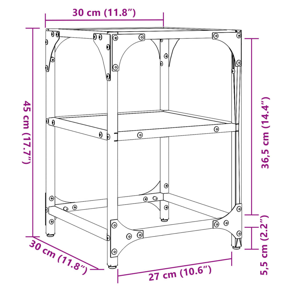 vidaXL Mesas de centro c/ tampo em vidro preto 2 pcs 30x30x45 cm aço