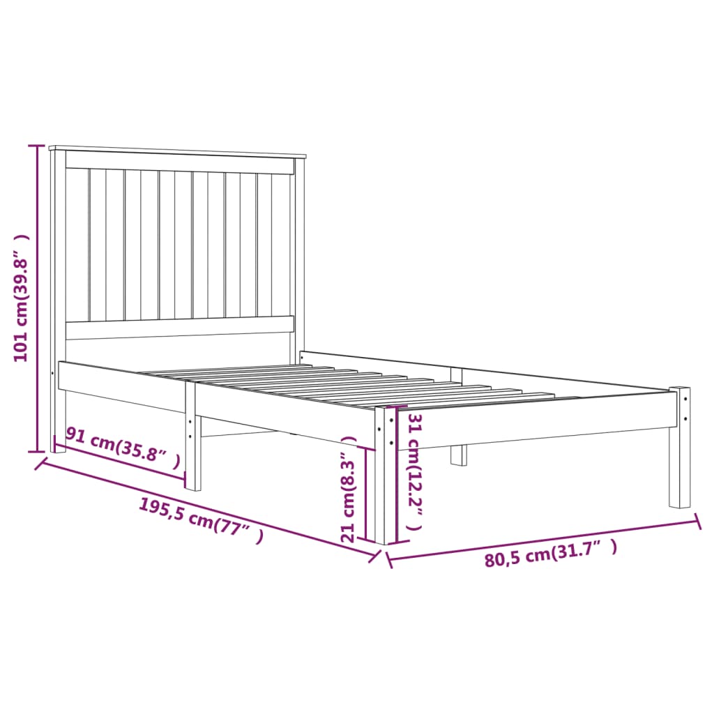 vidaXL Estrutura de cama pequena solteiro 75x190 cm pinho maciço preto