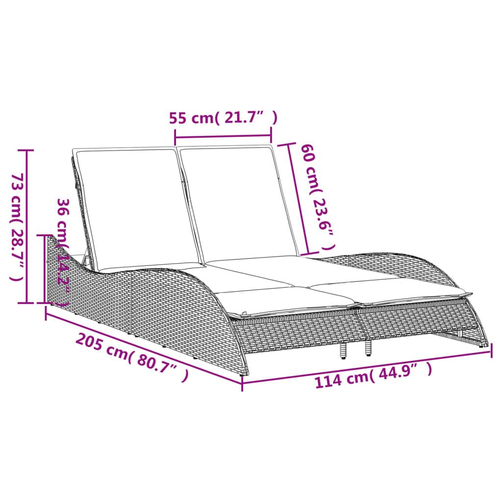 vidaXL Espreguiçadeira com almofadões 114x205x73 cm vime PE bege