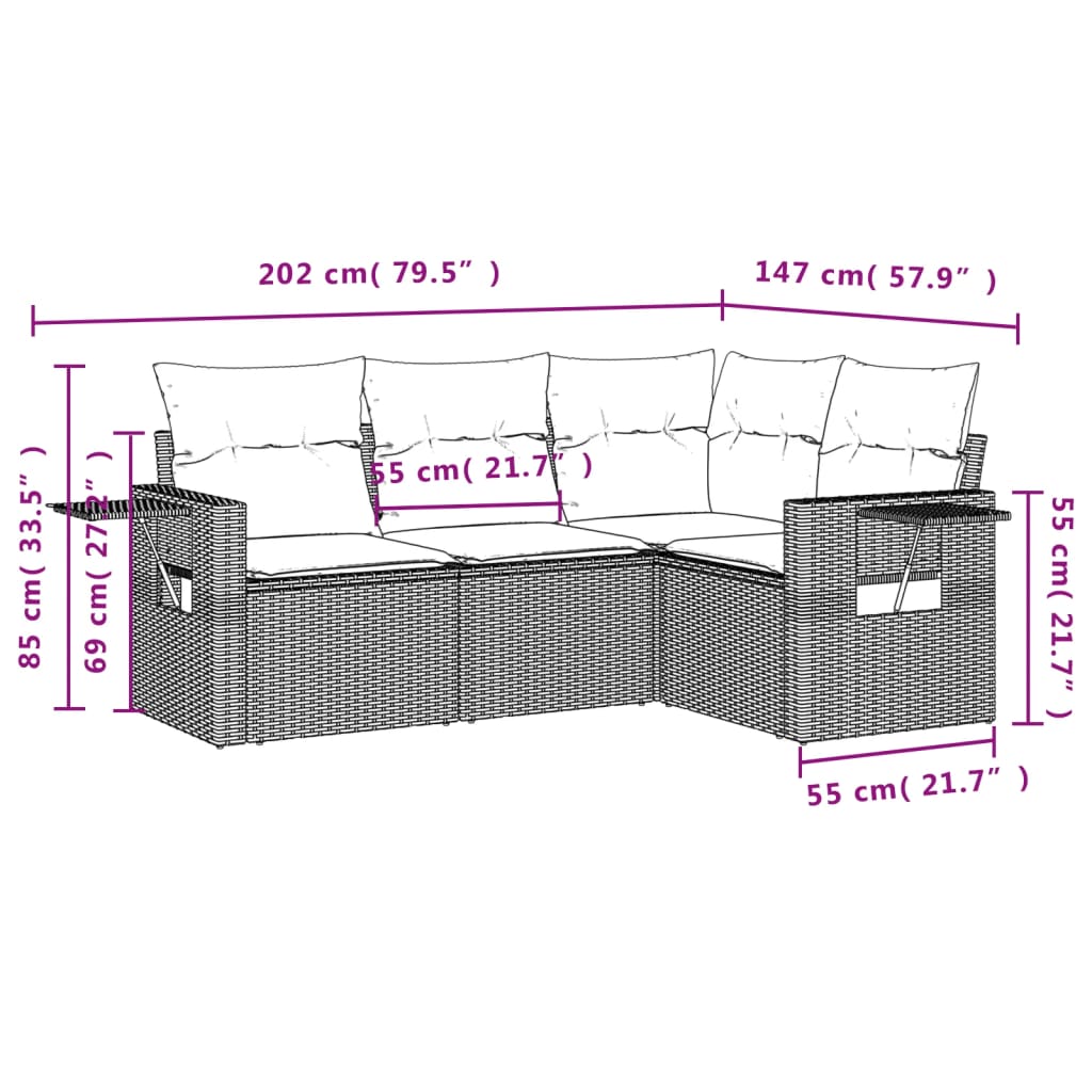 vidaXL 4 pcs conjunto de sofás para jardim c/ almofadões vime PE bege