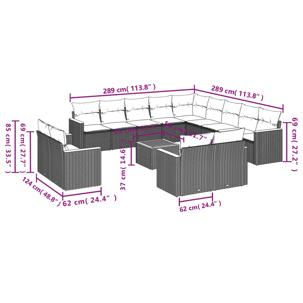 vidaXL 14 pcs conjunto de sofás p/ jardim c/ almofadões vime PE preto