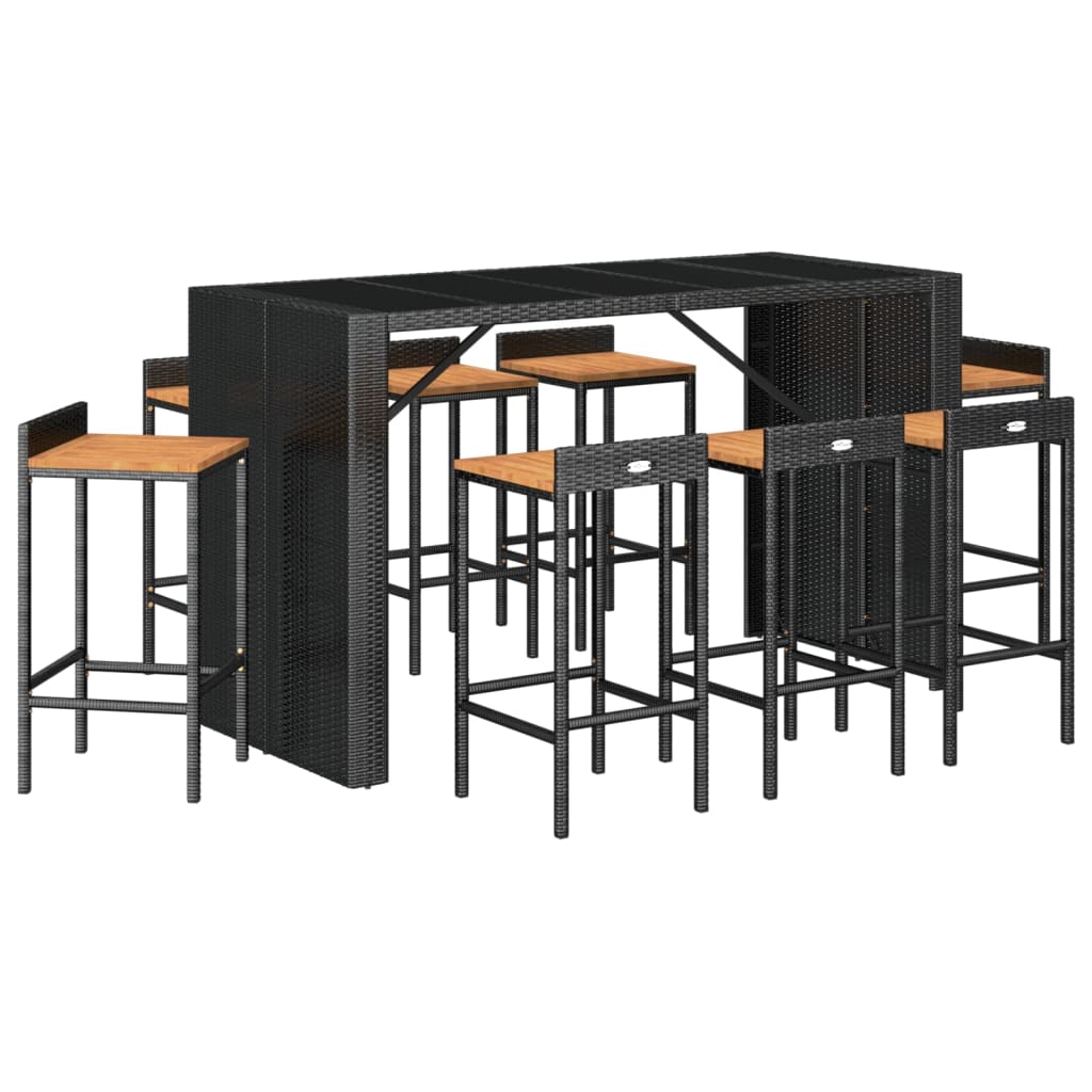 vidaXL 9 pcs conjunto de bar p/ jardim vime PE/acácia maciça preto