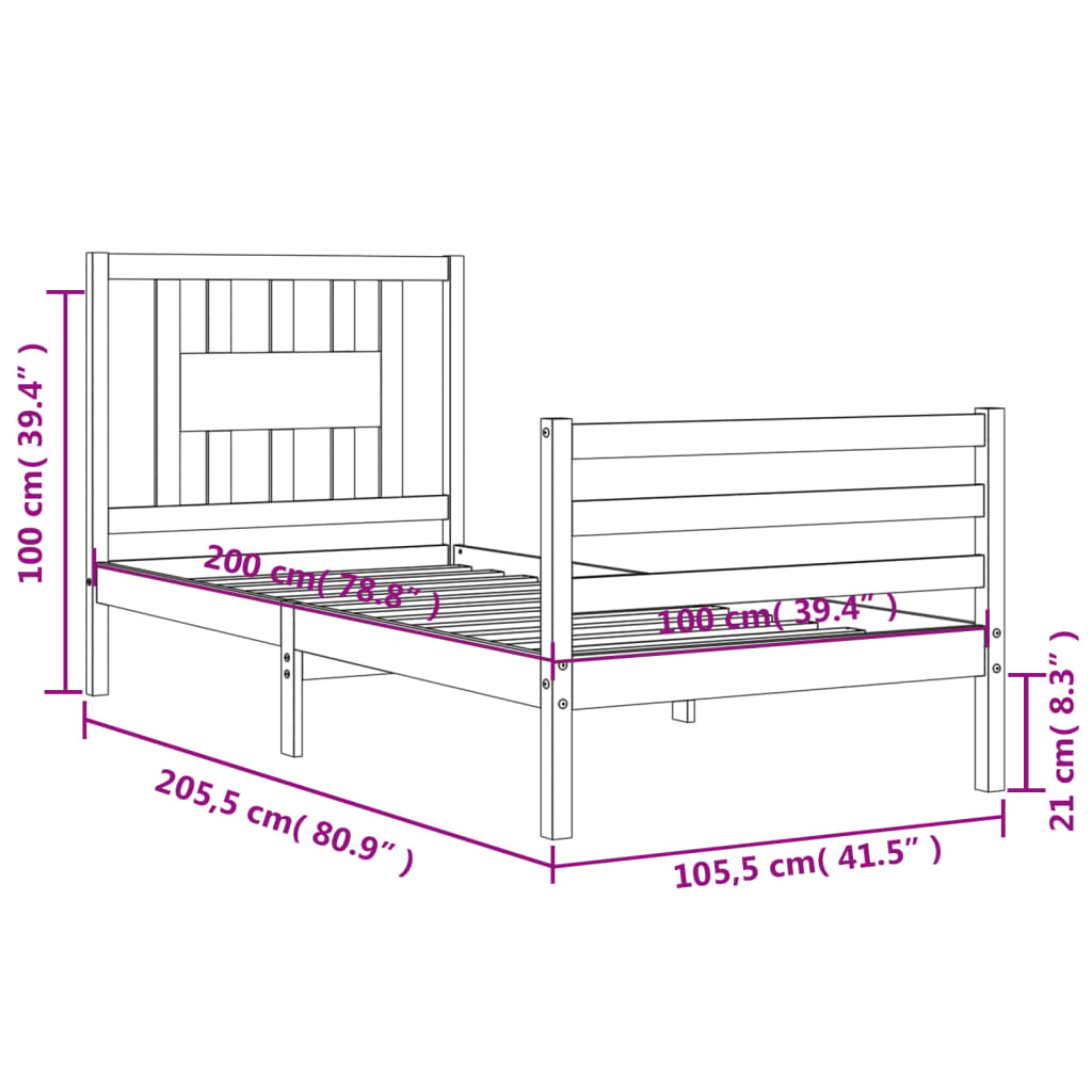 vidaXL Estrutura de cama com cabeceira 100x200 cm madeira maciça preto