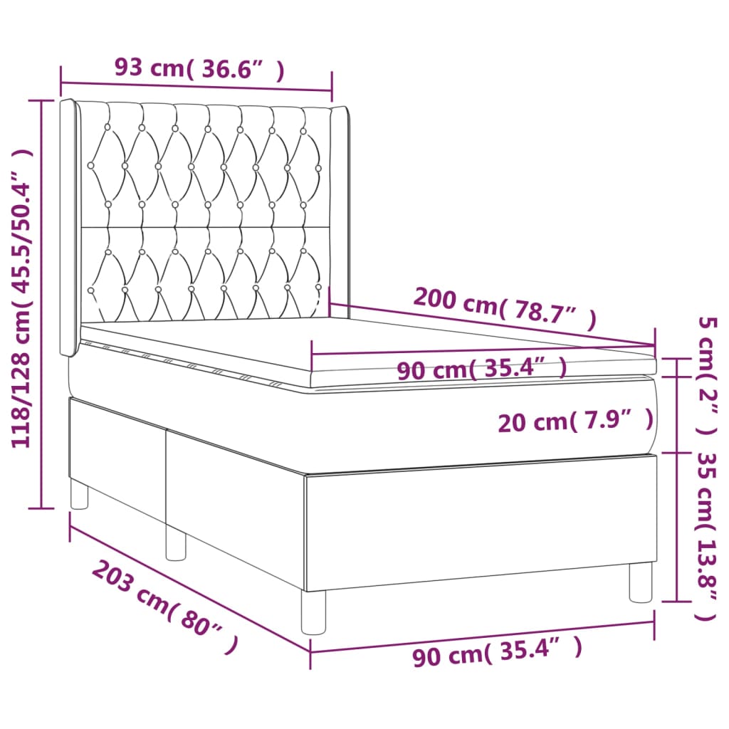 vidaXL Cama box spring c/ colchão/LED 90x200 cm veludo cinzento-claro