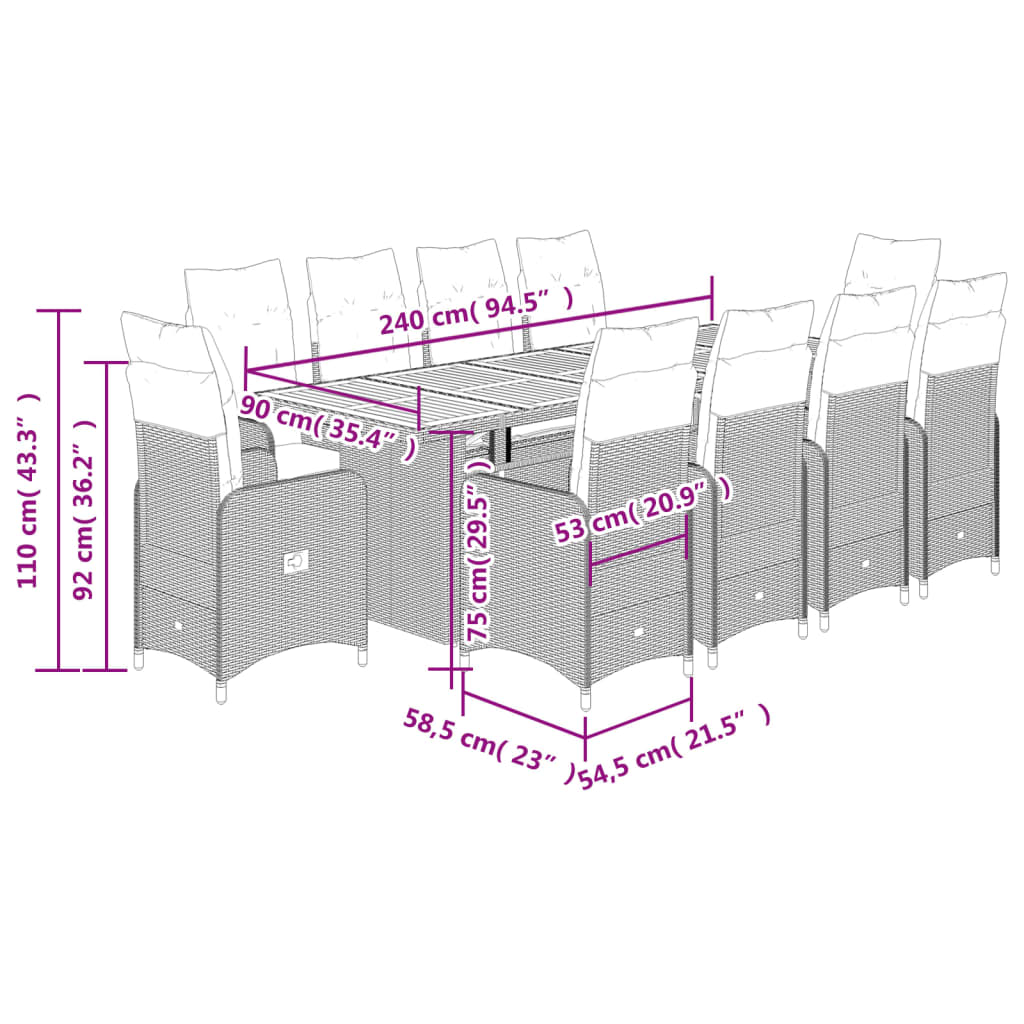 vidaXL 11 pcs conjunto bistrô de jardim c/ almofadões vime PE cinzento