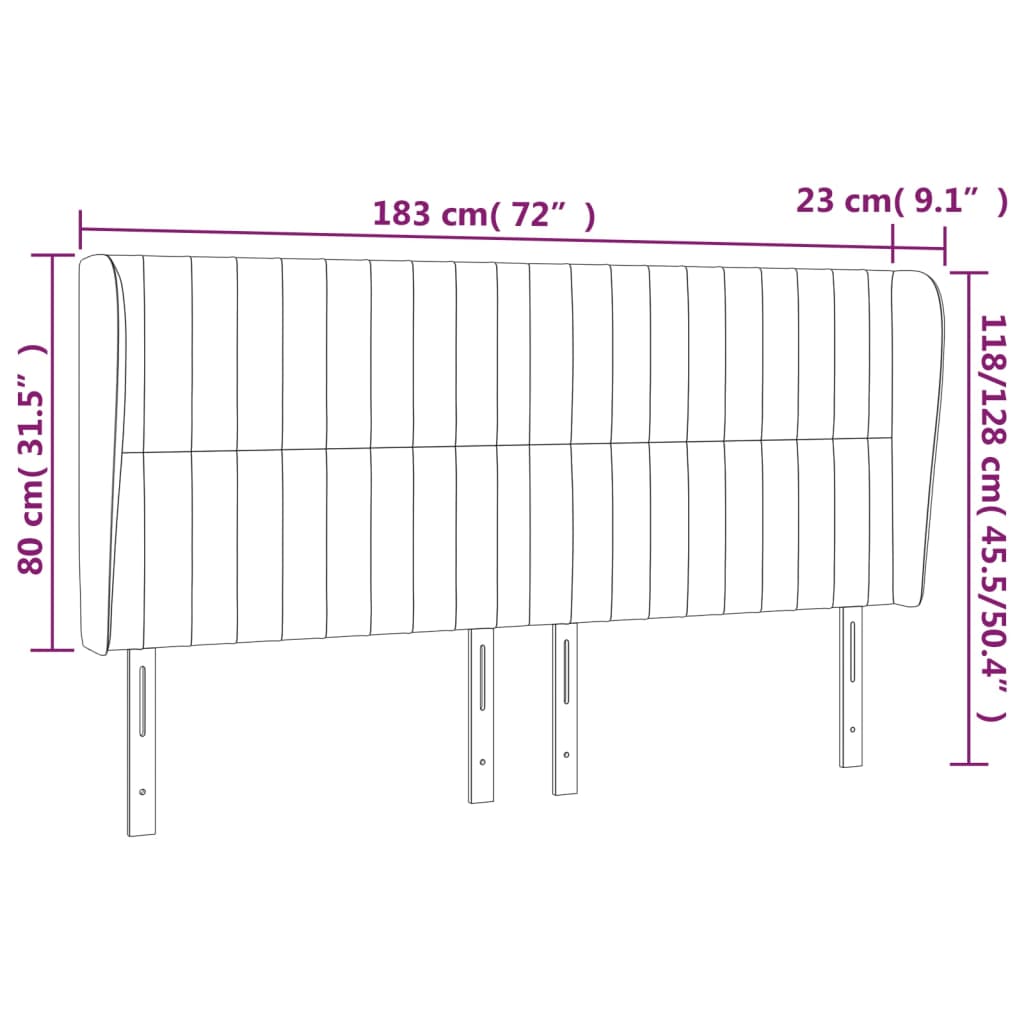 vidaXL Cabeceira cama c/ abas veludo 183x23x118/128 cm cinzento-claro