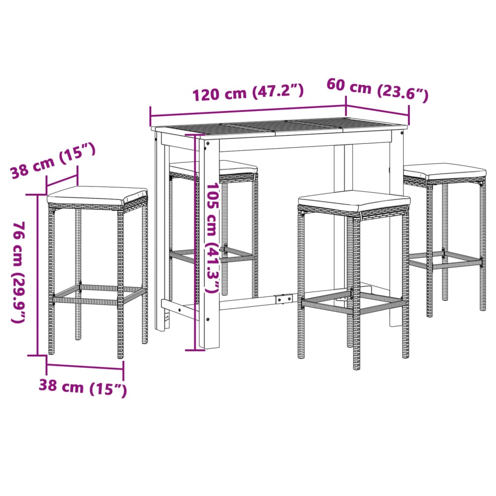 vidaXL 5 pcs conjunto de bar para jardim vime PE/acácia maciça preto