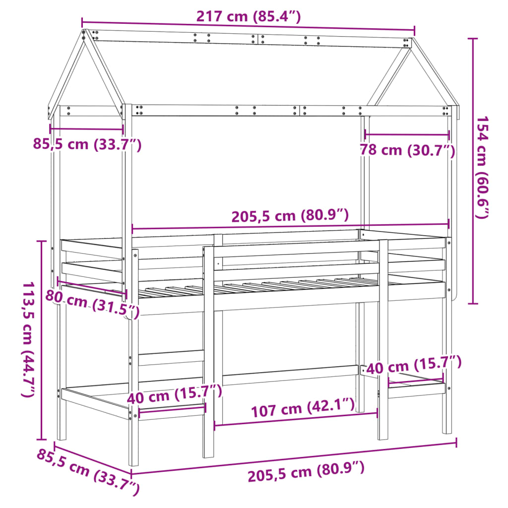 vidaXL Cama alta c/ escada e telhado 80x200 cm pinho maciço