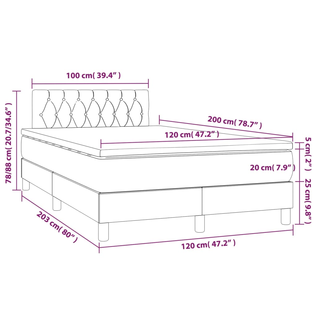 vidaXL Cama box spring c/ colchão e LED 120x200 cm tecido azul