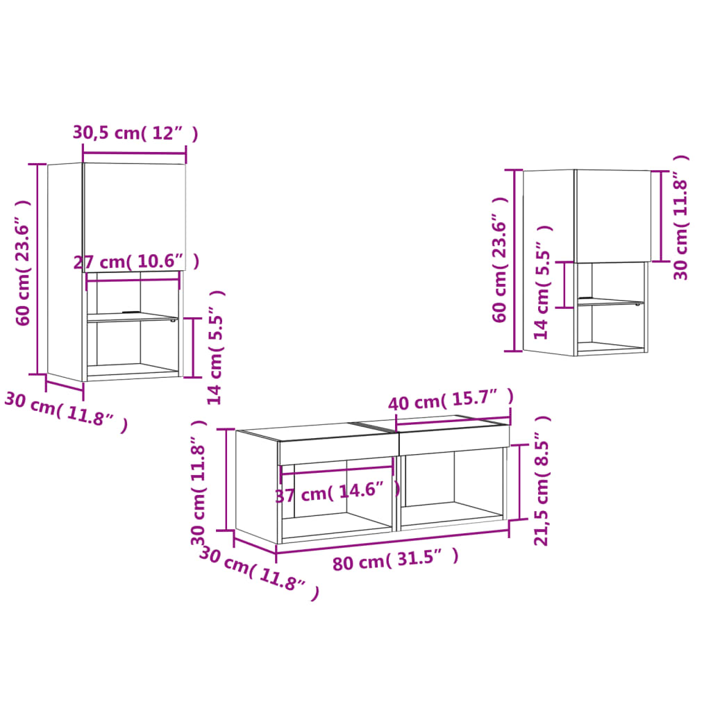 vidaXL 4 pcs móveis de parede para TV com luzes LED cinza cimento