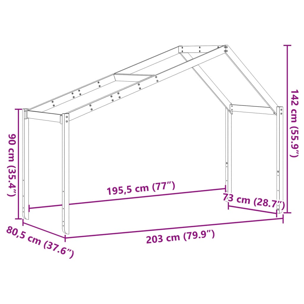 vidaXL Telhado de cama infantil 203x80,5x142 cm pinho maciço branco