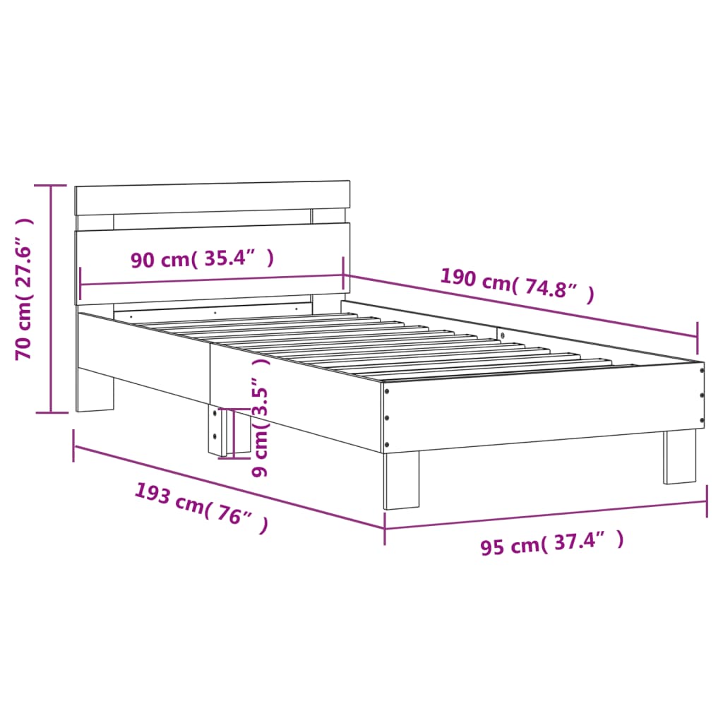 vidaXL Estrutura cama c/ cabeceira/luzes LED 90x190 cm carvalho sonoma